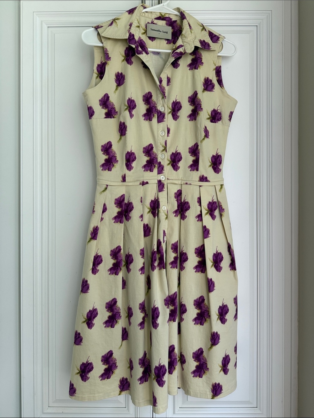SAMANTHA SUNG Cream Midi Dress with Purple Floral Print